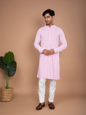 Pink Cotton Kurta with Geometric Embroidered Sequins