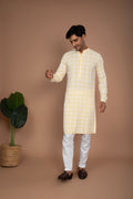 Pastel Yellow Cotton Kurta with Geometric Embroidered Sequins and White Pant Set