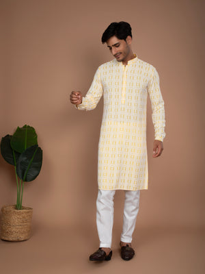 Pastel Yellow Cotton Kurta with Geometric Embroidered Sequins