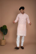 Peach Cotton Chikankari Kurta and White Pant Set