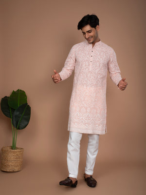 Peach Cotton Chikankari Kurta