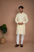 Lemon Yellow Cotton Chikankari Kurta and White Pant Set