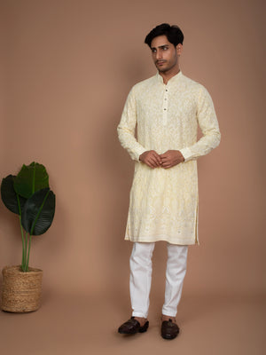 Lemon Yellow Cotton Chikankari Kurta