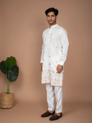Off-White Cotton Kurta with Embroidered Floral Border