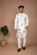 Off-White Cotton Kurta with Multi-Color Mirror Work Embroidery & Nature Motifs and Off-White Pant