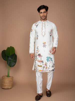 Off-White Cotton Kurta with Multi-Color Mirror Work Embroidery Nature Motifs
