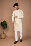 Beige Cotton Kurta with Embroidered Sequined Buttis Kurta and Pant