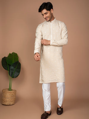 Beige Cotton Kurta with Embroidered Sequined Buttis