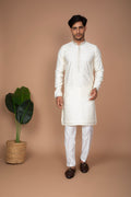 Off-White Cotton Silk Kurta with Embroidered Butti and Off-White Pant Set