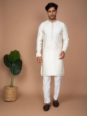 Off-White Cotton Silk Kurta with Embroidered Butti