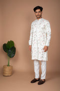 Off-White Cotton-Silk Kurta with Floral Hand Embroidery Kurta and Off-White Pant Set