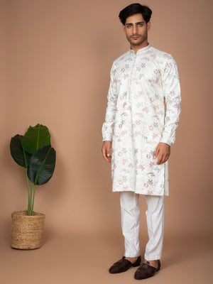 Off-White Cotton-Silk Kurta with Floral Hand Embroidery