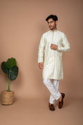Off-White Silk Kurta with Lotus Butti Embroidery and Off-White Pant Set