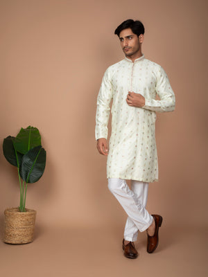 Off-White Silk Kurta with Lotus Butti Embroidery