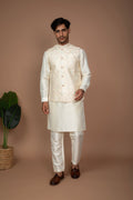Cream Silk Kurta Jacket Set with Intricate Thread Work