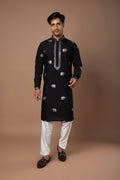 Black Kurta with Silver Elephant Embroidery and Off-White Pant Set