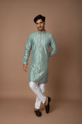 Pastel Blue Kurta with Golden Lotus Butti Embroidery and Off-White Pant Set