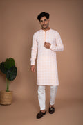 Peach Cotton Kurta with Geometric Embroidered Sequins and White Pant Set