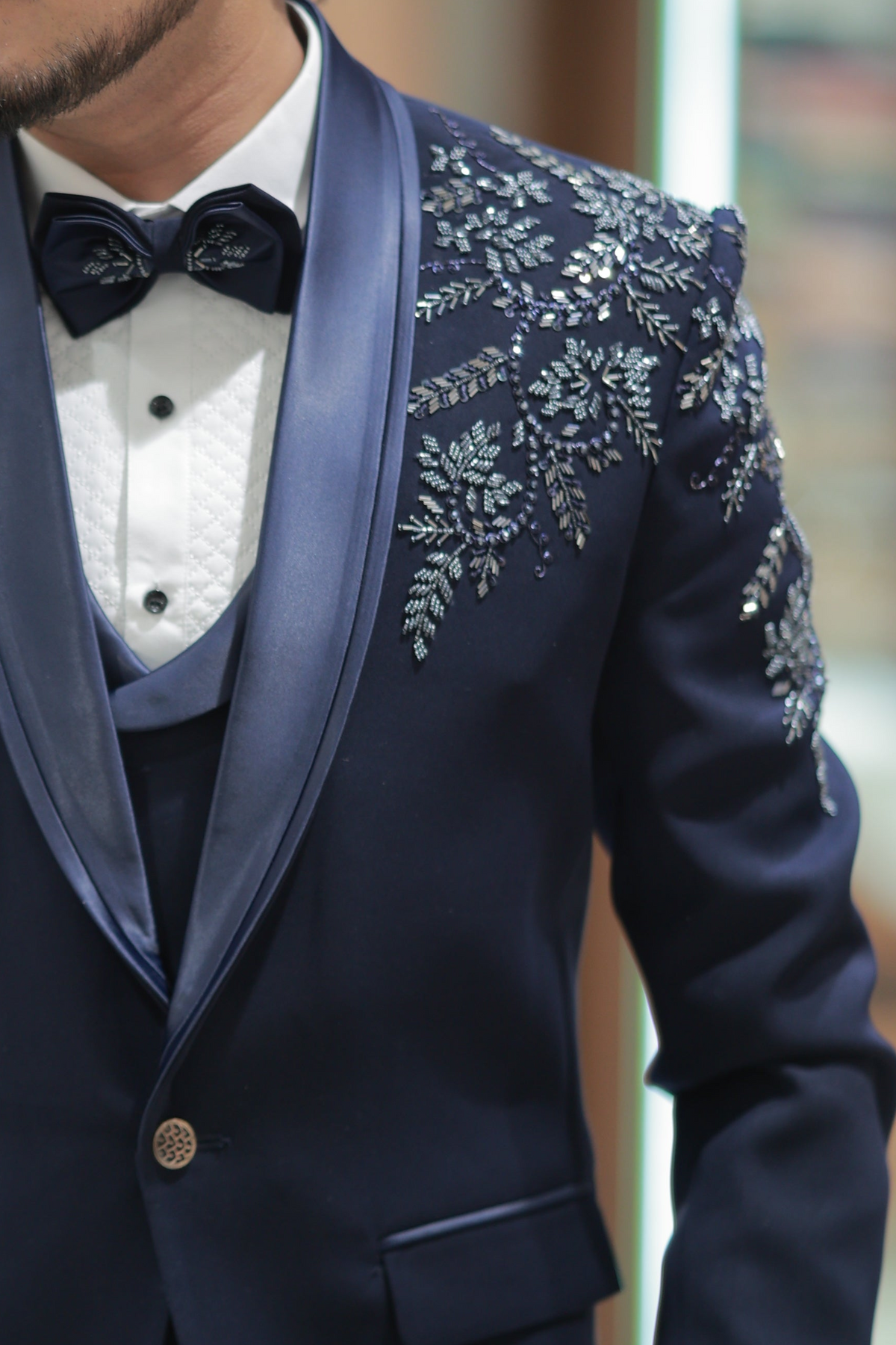 Men's Navy Blue Embroidered Tuxedo Suit