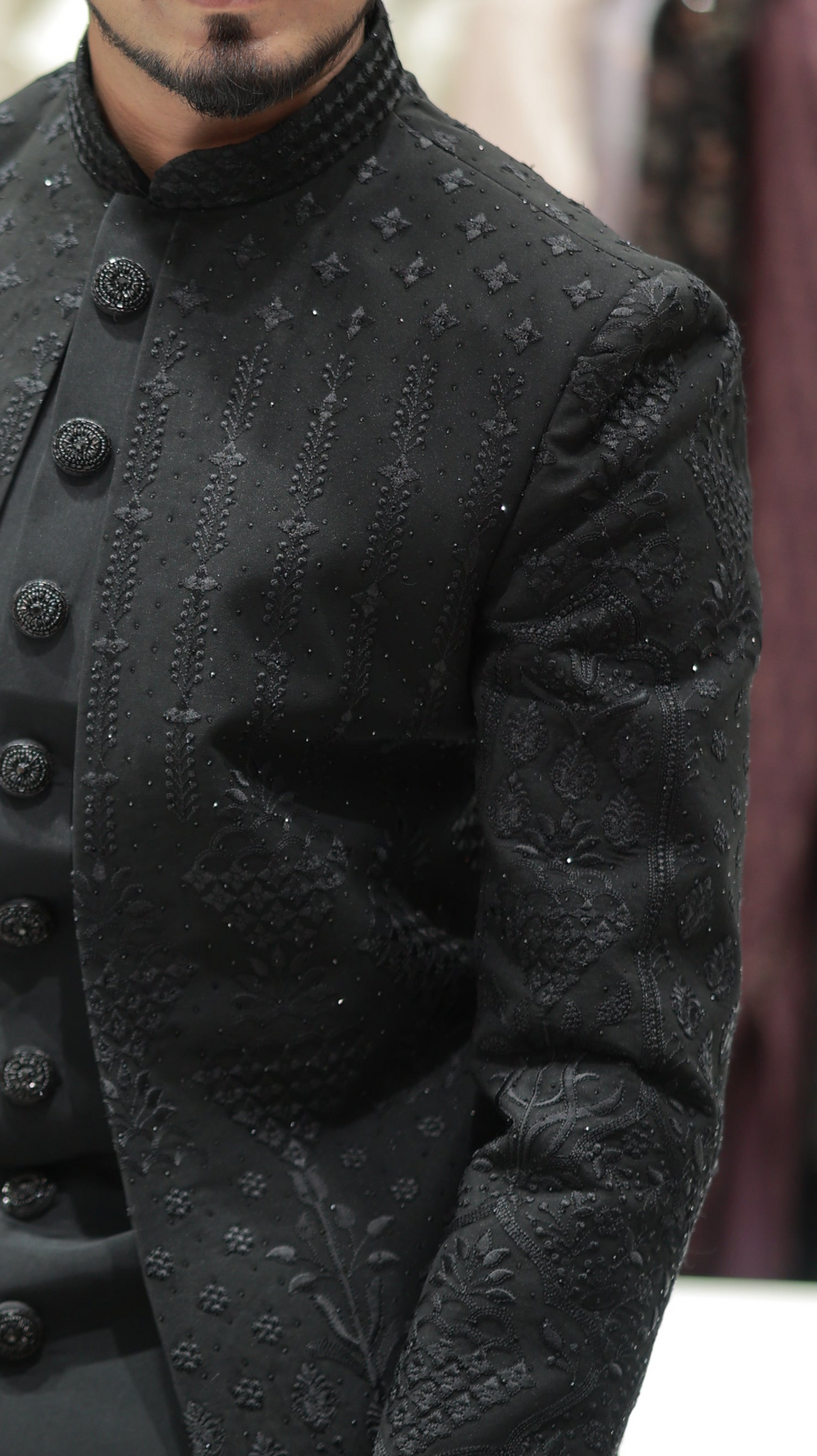 Men's Black Self-Textured Jacquard Indo-Western