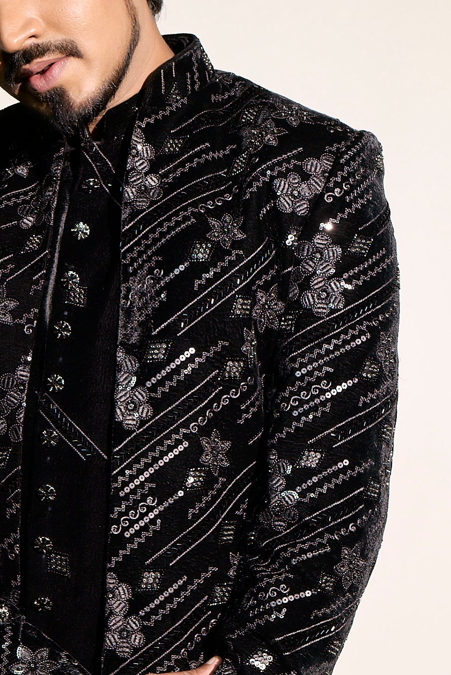 Men's Black Embroidered Velvet Indo-Western