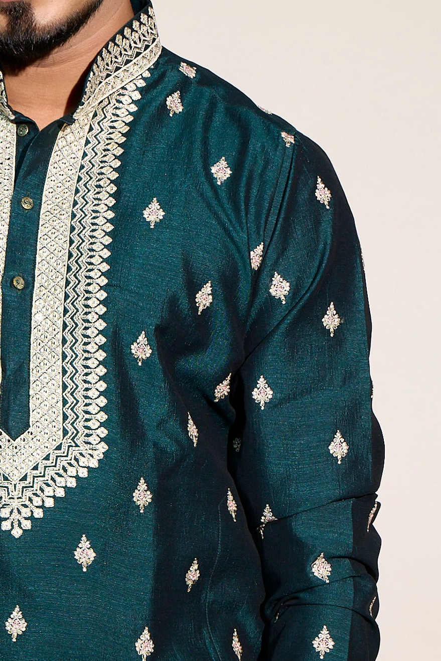 Men's Deep Teal Embroidered Kurta