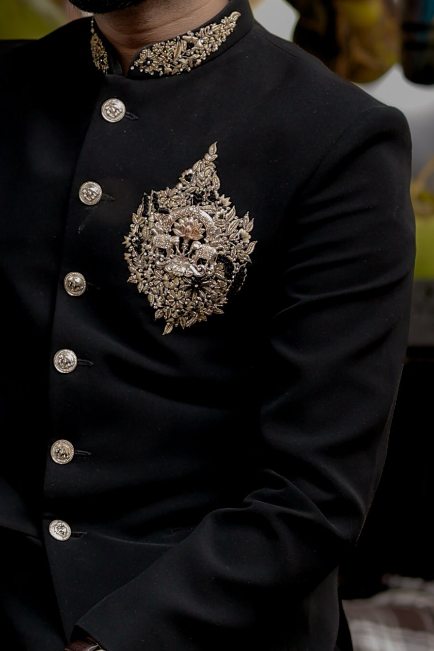 Men's Black Chest Embroidered Jodhpuri Suit
