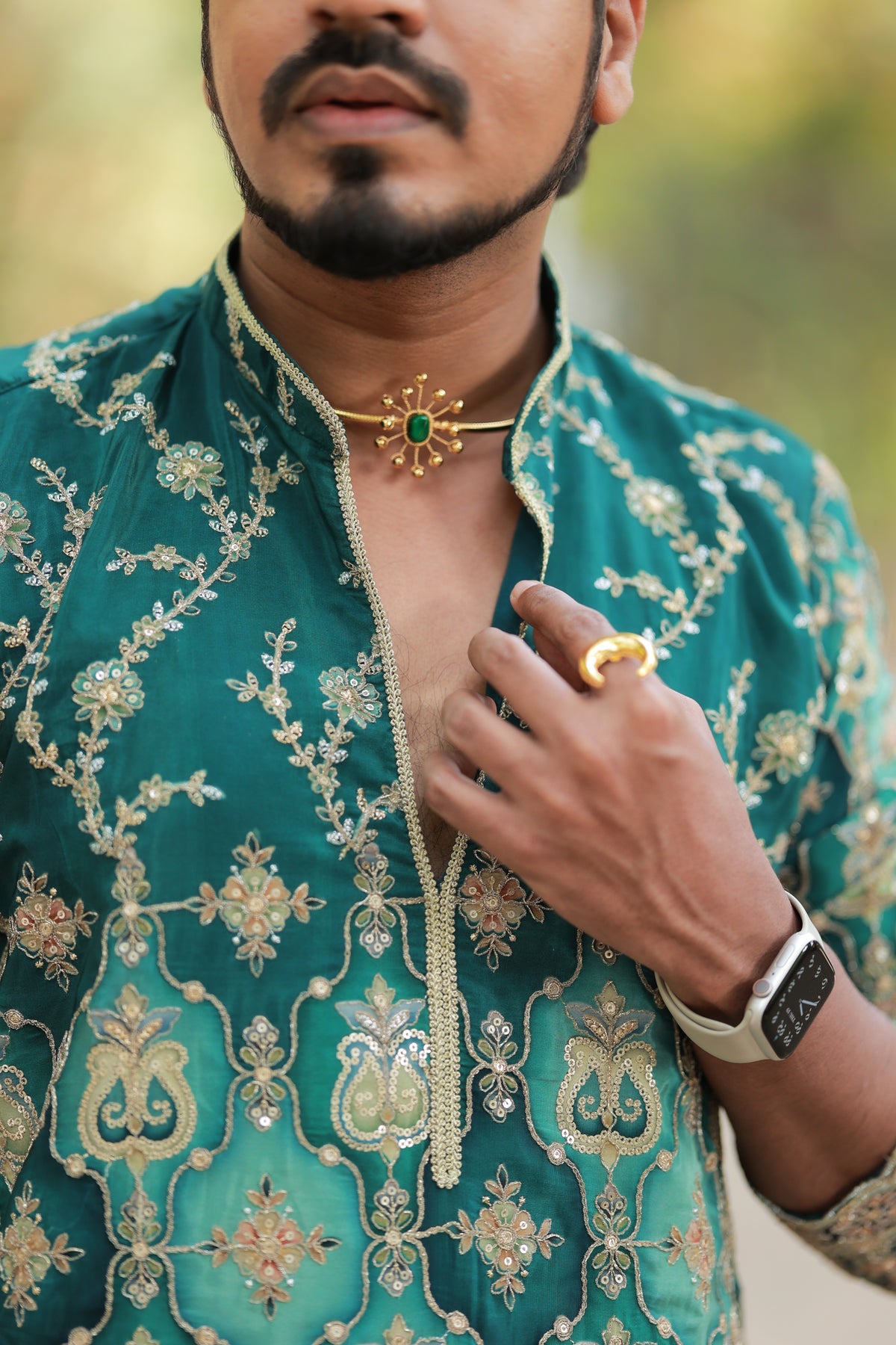 Men's Emerald Green Designer Embroidered Short Kurta