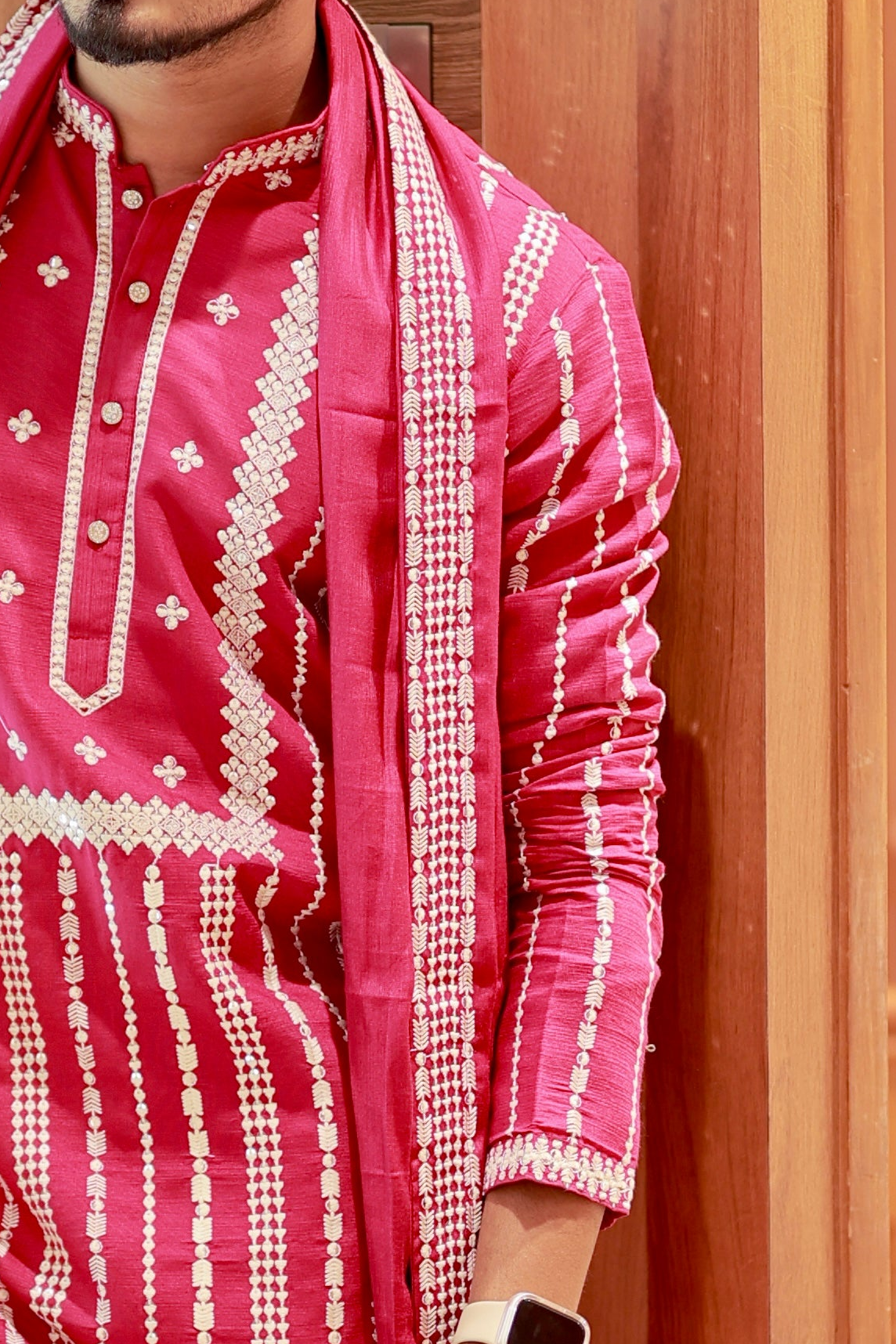 Men's Magenta Pink Embroidered Kurta Set with Dupatta
