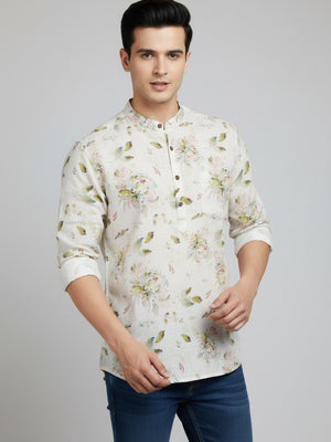 Cream Floral Printed Cotton Short Kurta
