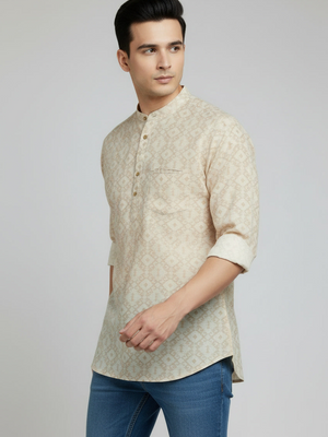 Beige Printed Cotton Short Kurta