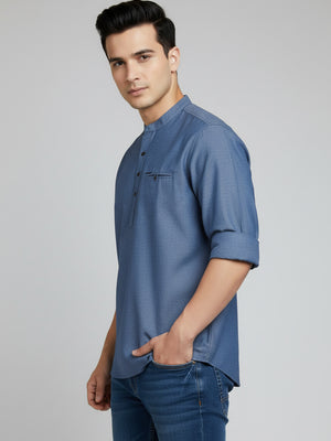 Solid Denim Blue Cotton Short Kurta
